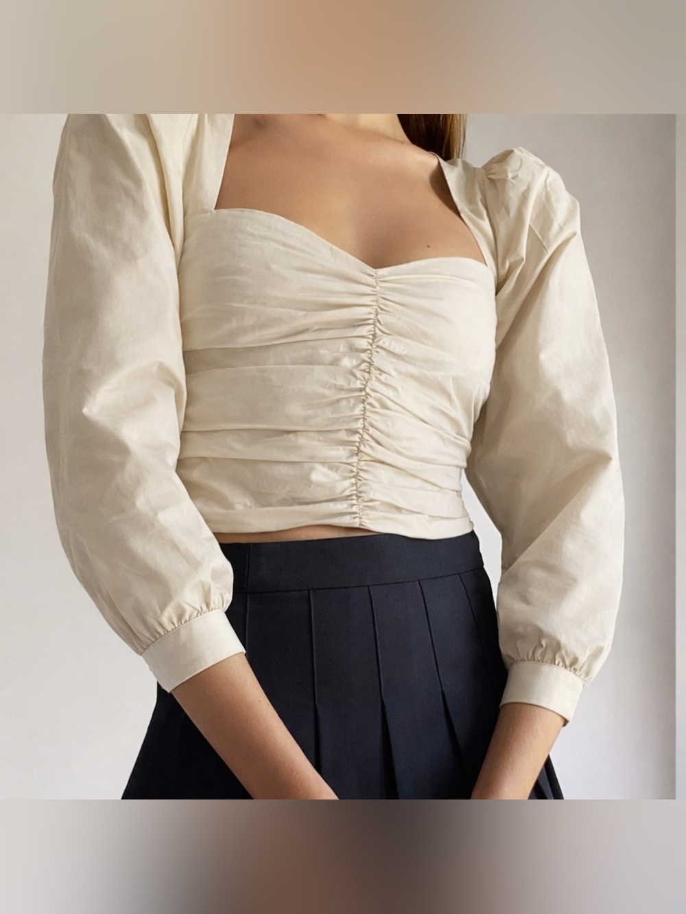 Sunday Best Cream Ruched Puff-Sleeve Crop Top